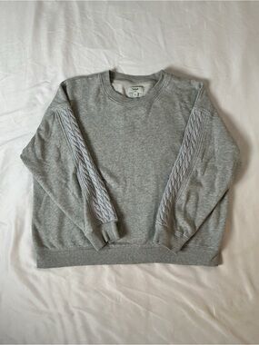 aerie Light Gray Crewneck Sweatshirt with Cable-Trim Sleeves